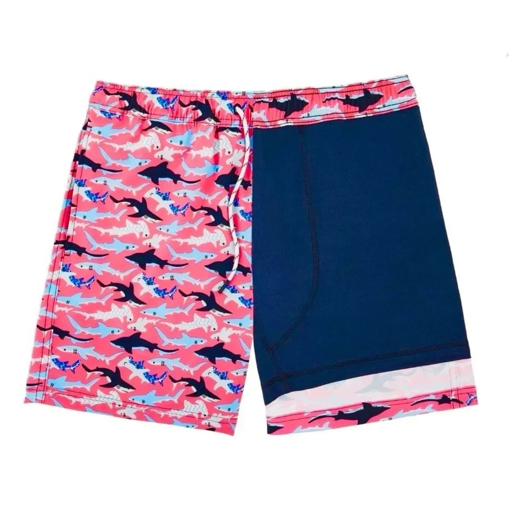 Member’s Mark Men's Resort Liner Swim Trunk Blue & White Sharks/Pink Background